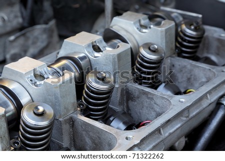 Repairing of modern diesel engine closeup of camshaft