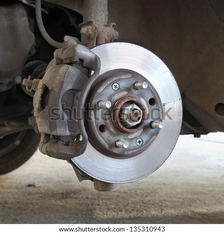 Closeup photo of car disc brakes servicing