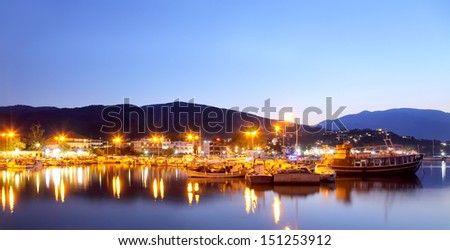 PLATAMON, Greece,  port with boats in sunset with cafes and shops, Platamonas (Greek)  is a small touristic and fishermans village in Pireia, Central Macedonia
