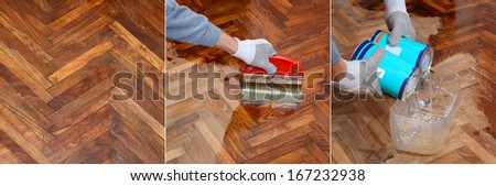 Varnishing of oak parquet floor process, workers hand in glove, brush, lacquer