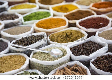 Indian spices in white sacks with scoop.