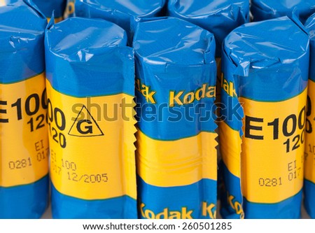 Sofia, Bulgaria - March 15, 2015: Bunch of old expired Kodak Ektachrome medium format slide films still in their original wrappings