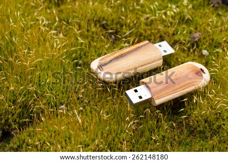 USB flash drives in new special wooden shells cladding, shot on natural moist outdoor macro scene with a single type of green organic authentic moss symbolizing natural digital insertion and symbiosis