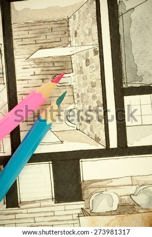 Watercolor aquarelle ink freehand sketch perspective architectural drawing of bathroom in an apartment with pink and blue pencils, showing artistic custom approach to real estate business and design