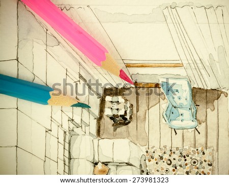 Watercolor aquarelle freehand sketch perspective architectural drawing of living room in an apartment with pink and blue pencils, showing artistic custom approach to real estate business and design
