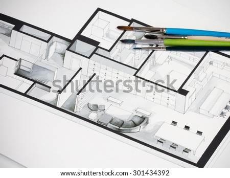Group of vivid colorful brushes set on real estate floor plan architectural isometric freehand sketch putting a message for cold but elegant simplicity in interior design process and property market