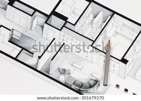 Sharp pointing pencil with special silver coating paint shot on simple inspiring architectural sketch of a condo floor plan