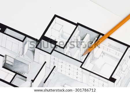 Sharp orange glazed regular pencil on isometric floor plan real estate flat interior decoration architecture drawing