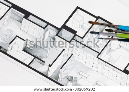 Group of vivid colorful brushes set on real estate floor plan architectural isometric freehand sketch putting a message for cold but elegant simplicity in property development market trends