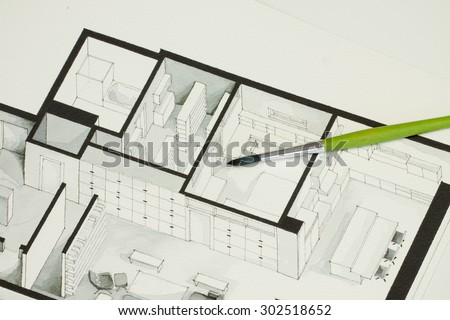 Single green brush set on real estate floor plan architectural isometric sketch sending a message for cold but elegant simplicity in property development market trends and design