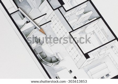 Sharp pointing pencil with special silver coating paint shot on simple elegant architecture drawing of an apartment floor plan