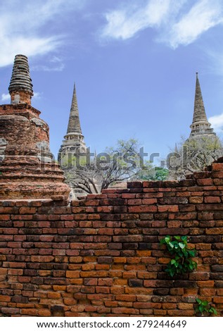 Old Brick wall with Great Pagoda background in Ayutthaya Historical Park.Public Place