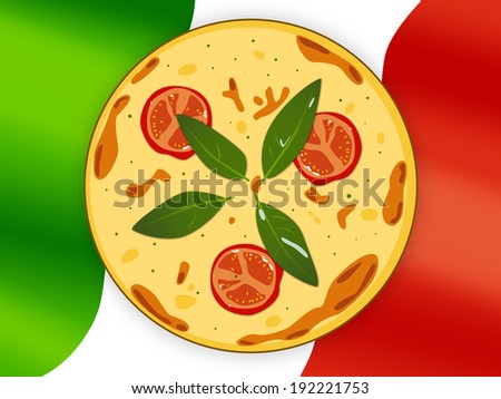 National cuisine. Italian pizza on a flag background.