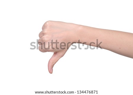 isolated thumbs down male hand on white, for defeated or not good hand gestures. Clipping path of hand outline is in jpg.