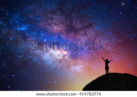 milky way, star, with happy girl on the mountain