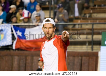 RANCAGUA, CHILE - SEPTEMBER 18: Jurgen Melzer of Austrian gestures during a Davis Cup match on September 18, 2009 in Chile.