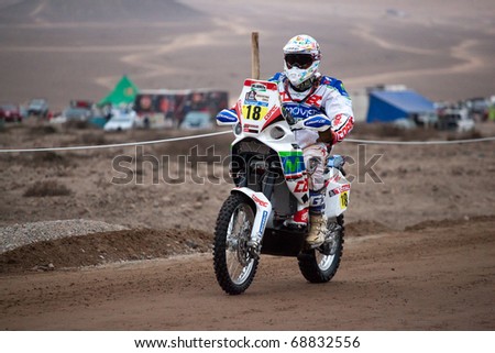 COPIAPO - JANUARY 11: Gerard Farres Guell from Spain riding his bike during his participation on Rally Dakar 2011 Argentina Chile, January 11 in Copiapo Chile.