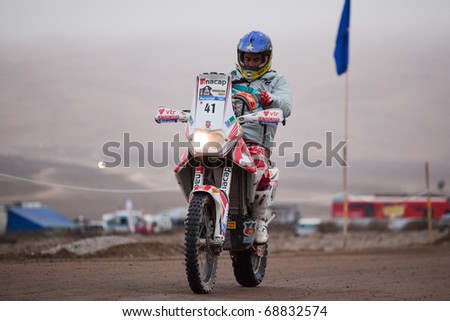 COPIAPO - JANUARY 11: Jaime Prohens from Chile riding his bike during his participation on Rally Dakar 2011 Argentina Chile, January 11 in Copiapo Chile.