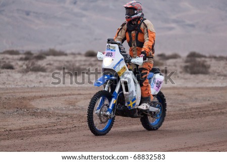 COPIAPO - JANUARY 11: Ronnie Bodinger from Sweden riding his bike during his participation on Rally Dakar 2011 Argentina Chile, January 11 in Copiapo Chile.