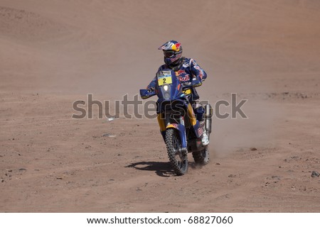 COPIAPO - JANUARY 11: Cyril Despres from France riding his bike during his participation on Rally Dakar 2011 Argentina Chile, January 11 in Copiapo Chile.