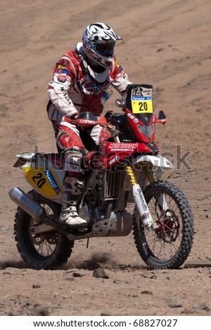 COPIAPO - JANUARY 11: Michael Pisano from France riding his bike during his participation on Rally Dakar 2011 Argentina Chile, January 11 in Copiapo Chile.