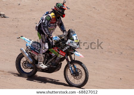 COPIAPO - JANUARY 11: Pedro Bianchi Prata from Portugal riding his bike during his participation on Rally Dakar 2011 Argentina Chile, January 11 in Copiapo Chile.