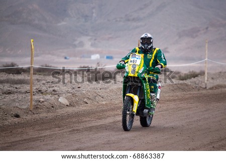 COPIAPO - JANUARY 11: Gabor Saghmeister  from Serbia riding his bike during his participation on Rally Dakar 2011 Argentina Chile, January 11, 2011 in Copiapo Chile.