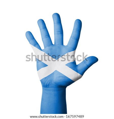 Open hand raised, Scotland flag painted