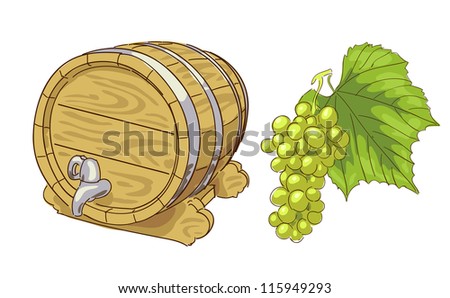 Old wooden barrel and grapes cluster.  Raster version.