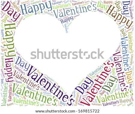 Tag or word cloud Valentine\'s Day related in shape of heart frame with empty space for photo