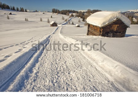 Isolated wood mountain house cabin hut covered by snow