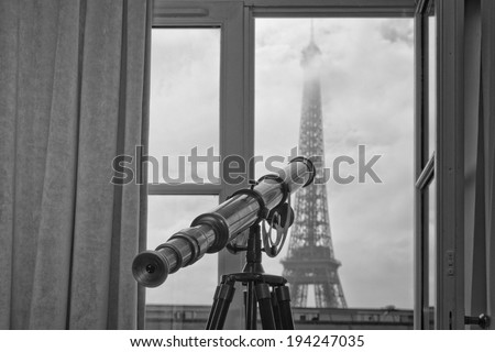 paris tour eiffel view from room with telescope