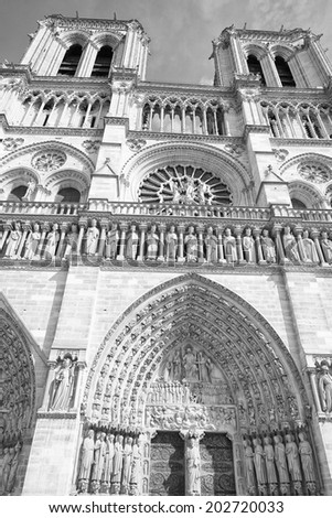 notre dame paris cathedral external detail in black and white