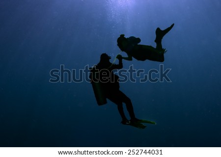 Siren Mermaid silhouette while meeting a diver underwater