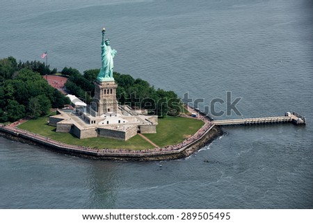 statue of liberty aerial view from helicopter