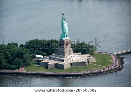 statue of liberty aerial view from helicopter