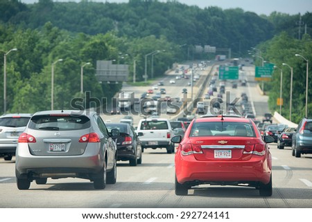 WASHINGTON, USA JUNE, 22 2015 Maryland to Washington heavy car traffic Congested highway