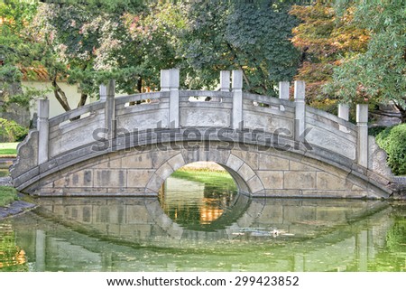 chinese garden bridge reflection view