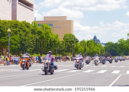 WASHINGTON, DC, USA - MAY 25, 2014: Motorbikes on Independence Avenue as part of the annual Rolling Thunder motorcycle ride for American POWs and MIA soldiers on May 25, 2014 in Washington, DC, USA
