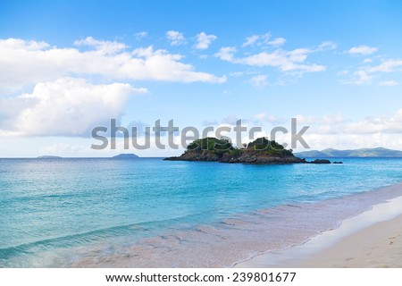 Trunk Bay beach, St John Island. Quiet waters and wonderful white sand of the popular beach in the National Park of St John Island.