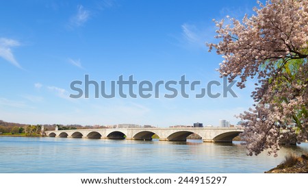 Arlington Memorial Bridge during cherry blossom festival in Washington DC. The bridge over Potomac River in the US capital.