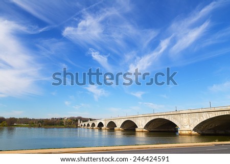 Arlington Memorial Bridge across Potomac River connects Washington DC and Virginia. Early morning near the bridge in spring.