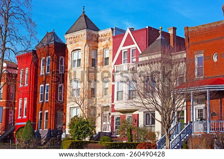 Residential row houses in US Capital during winter time. Historic architecture of Mount Vernon Square in Washington DC, USA