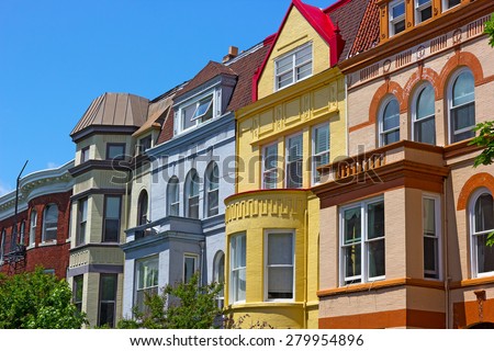Luxury townhouses of Washington DC, USA. Colorful townhouses near Dupont Circle in Washington DC.