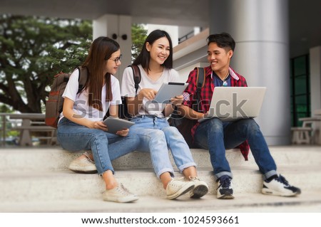 Group of young asian studying in university sitting during lecture education students college university studying youth campus friendship teenager teens concept.