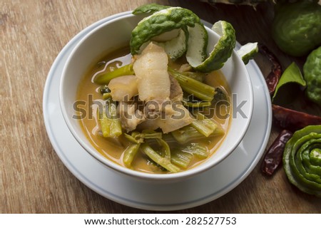 Pork curry with water spinach (Tae-pho soup) still life