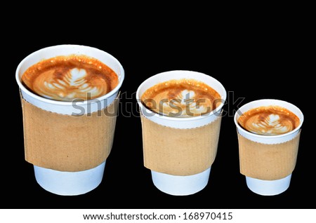Coffee takeaway cups in three size on black background