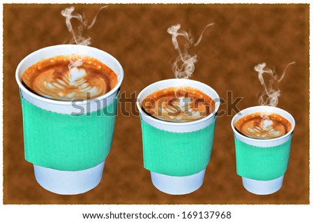 Coffee takeaway cups in three size on brown background