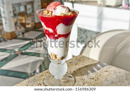 A tasty dessert - vanilla and strawberry ice cream with whipped cream and frozen yogurt