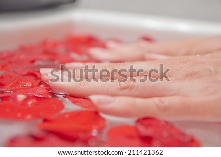 Spa for your palms - woman hand, water and rose petals